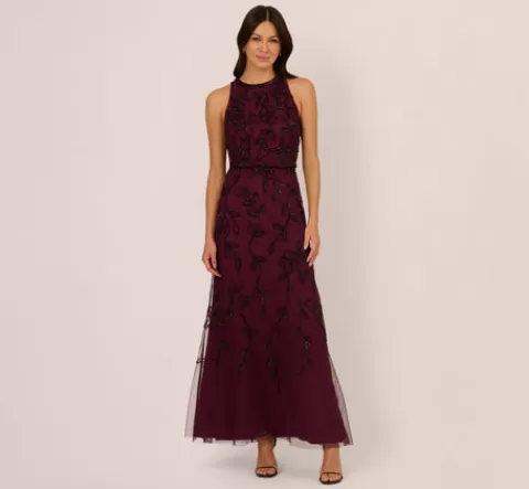 Adrianna Papell Sleeveless Blouson Mermaid Gown With Jasmine Beading In CASSIS Outlet