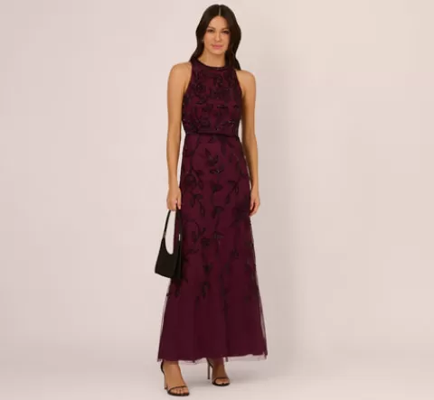 Adrianna Papell Sleeveless Blouson Mermaid Gown With Jasmine Beading In CASSIS Outlet