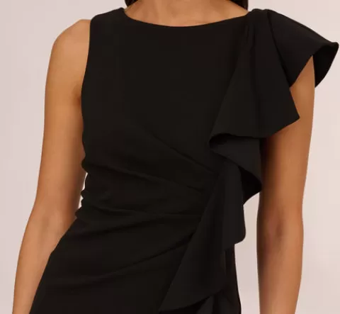 Adrianna Papell Sleeveless Crepe Sheath Midi Dress With Ruffle Accent In BLACK Discount