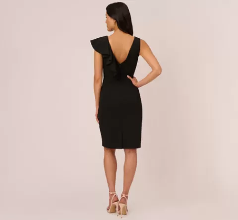 Adrianna Papell Sleeveless Crepe Sheath Midi Dress With Ruffle Accent In BLACK Discount