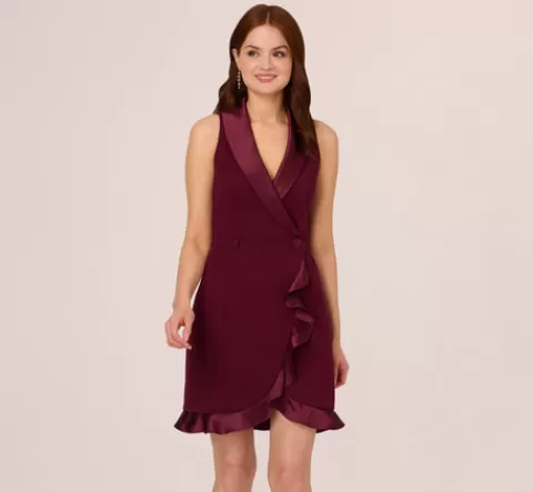 Adrianna Papell Sleeveless Crepe Tuxedo Dress With Charmeuse Accents In CABERNET Best