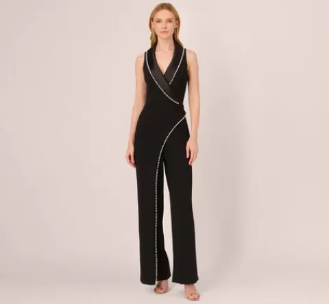 Adrianna Papell Sleeveless Crepe Tuxedo Jumpsuit With Pearl Trim In BLACK Store