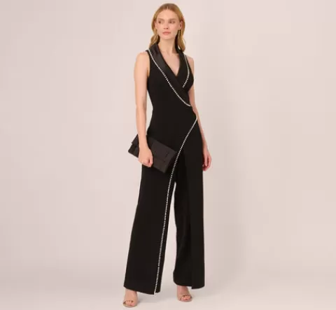 Adrianna Papell Sleeveless Crepe Tuxedo Jumpsuit With Pearl Trim In BLACK Store