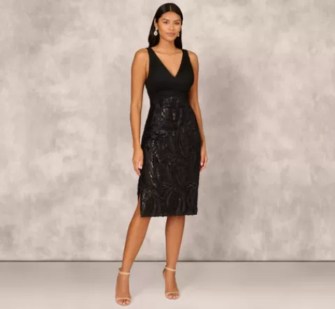 Adrianna Papell Sleeveless Midi Dress With 3D Embroidered Skirt In BLACK Sale