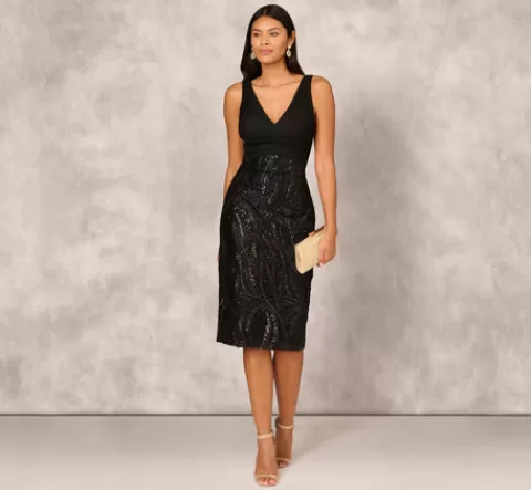 Adrianna Papell Sleeveless Midi Dress With 3D Embroidered Skirt In BLACK Sale