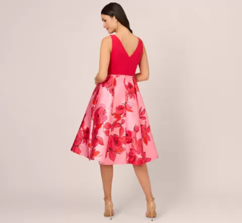 Adrianna Papell Sleeveless Midi Dress With Floral Printed Mikado Skirt In Pink Red Multi PINK-REDMULTI Best