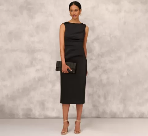 Adrianna Papell Sleeveless Mikado Ankle-Length Dress With Pleated Details In BLACK Hot