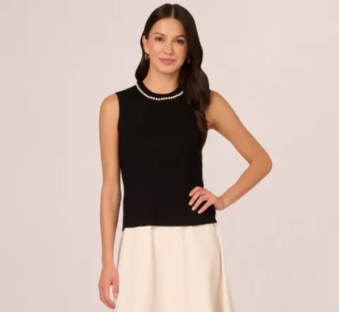 Adrianna Papell Sleeveless Pearl Neck Sweater In BLACK Online