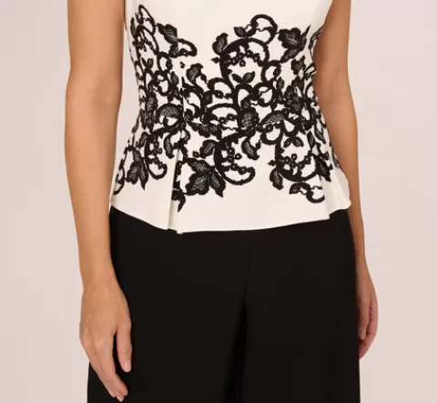 Adrianna Papell Sleeveless Peplum Jumpsuit With Scroll Lace Details In Ivory Black IVORY-BLACK Store