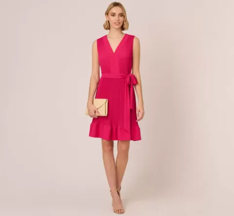 Adrianna Papell Sleeveless Pleated Dress With Self Tie Waist In Hot Pink HOTPINK Clearance
