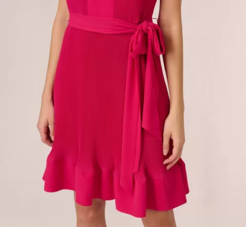 Adrianna Papell Sleeveless Pleated Dress With Self Tie Waist In Hot Pink HOTPINK Clearance