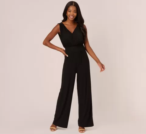 Adrianna Papell Sleeveless Smocked Jumpsuit With V-Neckline In BLACK Outlet