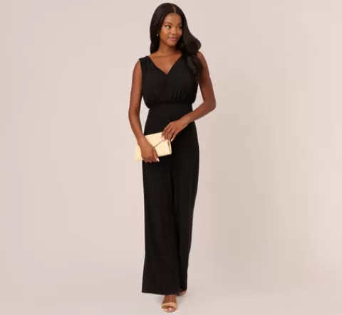 Adrianna Papell Sleeveless Smocked Jumpsuit With V-Neckline In BLACK Outlet