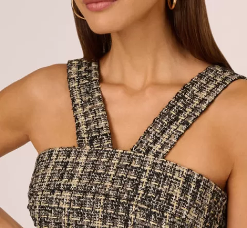 Adrianna Papell Sleeveless Tweed Mini Dress With Halter Straps In Black Ivory BLACK-IVORY Flash Sale