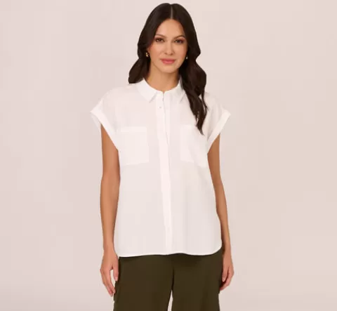 Adrianna Papell Sleeveless Utility Shirt With Chest Pockets In WHITE Discount