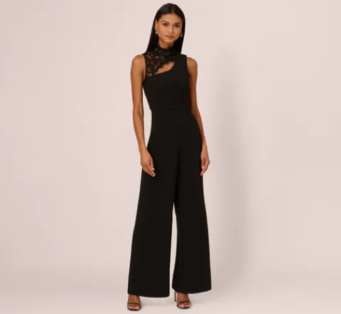 Adrianna Papell Sleeveless Wide Leg Jumpsuit With Lace Neckline In BLACK Shop