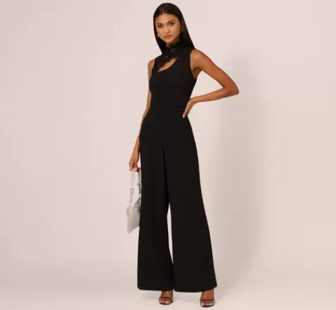 Adrianna Papell Sleeveless Wide Leg Jumpsuit With Lace Neckline In BLACK Shop