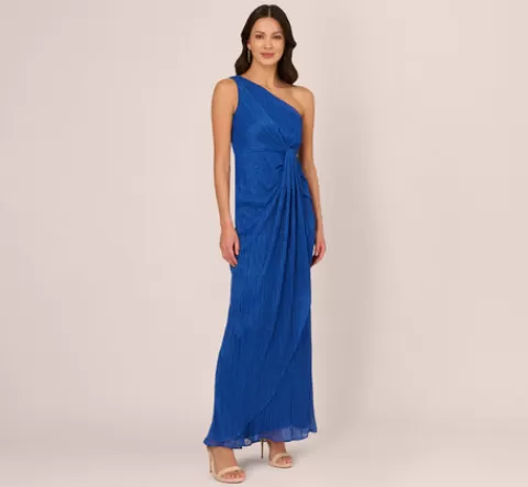 Adrianna Papell Stardust Pleated Draped One Shoulder Gown In Brilliant Sapphire BRILLIANTSAPPHIRE Best Sale