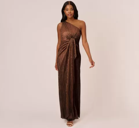 Adrianna Papell Stardust Pleated Draped One Shoulder Gown In COPPER Clearance