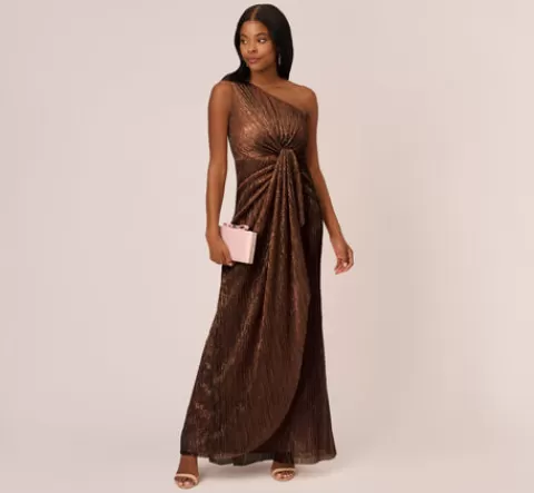 Adrianna Papell Stardust Pleated Draped One Shoulder Gown In COPPER Clearance