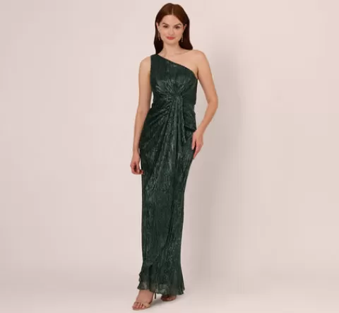 Adrianna Papell Stardust Pleated Draped One Shoulder Gown In Green Pine GREENPINE Sale