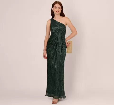 Adrianna Papell Stardust Pleated Draped One Shoulder Gown In Green Pine GREENPINE Sale