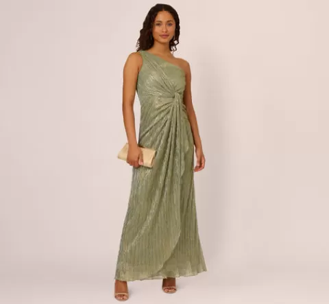 Adrianna Papell Stardust Pleated Draped One Shoulder Gown In Green Slate GREENSLATE Sale