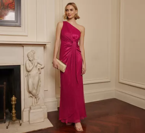 Adrianna Papell Stardust Pleated Draped One Shoulder Gown In MAGENTA Flash Sale