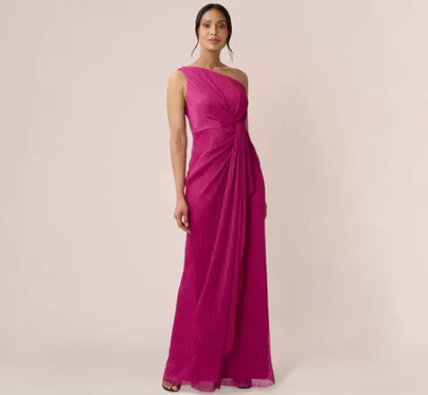 Adrianna Papell Stardust Pleated Draped One Shoulder Gown In MAGENTA Flash Sale