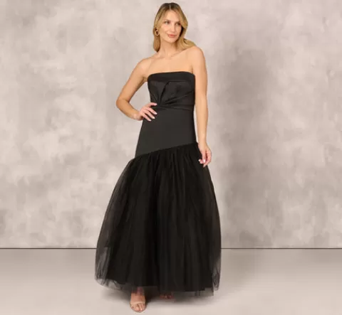 Adrianna Papell Strapless Mikado Ball Gown With Mesh Skirt In BLACK Flash Sale