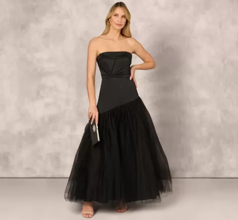 Adrianna Papell Strapless Mikado Ball Gown With Mesh Skirt In BLACK Flash Sale