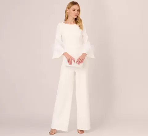 Adrianna Papell Stretch Crepe Jumpsuit With Feather Trim Bell Sleeves In IVORY Sale