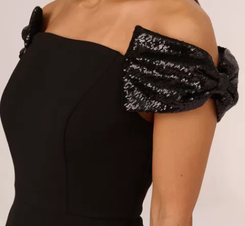 Adrianna Papell Stretch Crepe Off The Shoulder Gown With Sequin Bows In BLACK New