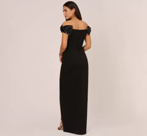 Adrianna Papell Stretch Crepe Off The Shoulder Gown With Sequin Bows In BLACK New