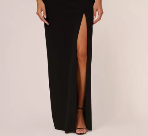 Adrianna Papell Stretch Crepe Off The Shoulder Gown With Sequin Bows In BLACK New