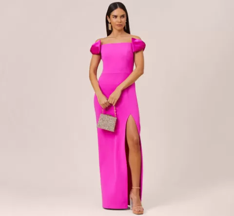 Adrianna Papell Stretch Crepe Off-The-Shoulder Long Column Gown With Bows In Pink Flame PINKFLAME Best