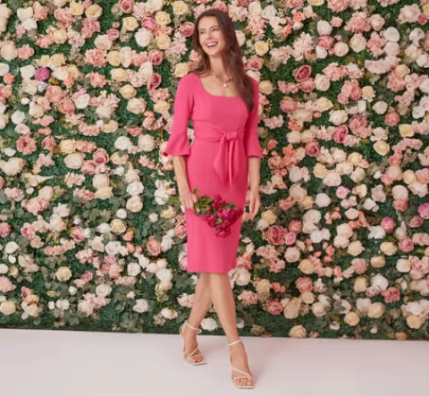 Adrianna Papell Stretch Knit Crepe Tie-Front Midi-Length Sheath Dress In CAMELLIA Sale