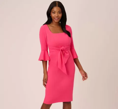 Adrianna Papell Stretch Knit Crepe Tie-Front Midi-Length Sheath Dress In CAMELLIA Sale