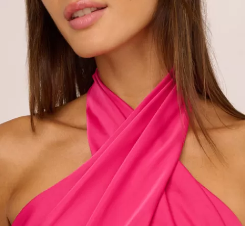 Adrianna Papell Stretch Satin Mermaid Gown With Halter Neckline In Hot Pink HOTPINK Cheap
