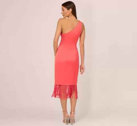 Adrianna Papell Stretch Satin One Shoulder Midi Dress With Fringe Skirt In Spicy Coral SPICYCORAL Best Sale