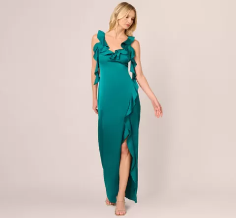 Adrianna Papell Stretch Satin Ruffle Long Dress In Deep Emerald DEEPEMERALD Online