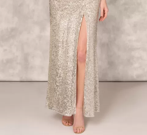 Adrianna Papell Stretch Sequin Sleeveless Cowl Neck Gown With Gathered Details In Champagne Silver CHAMPAGNE-SILVER Fashion