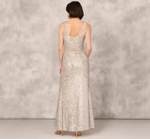 Adrianna Papell Stretch Sequin Sleeveless Cowl Neck Gown With Gathered Details In Champagne Silver CHAMPAGNE-SILVER Fashion