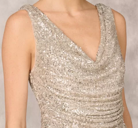 Adrianna Papell Stretch Sequin Sleeveless Cowl Neck Gown With Gathered Details In Champagne Silver CHAMPAGNE-SILVER Fashion