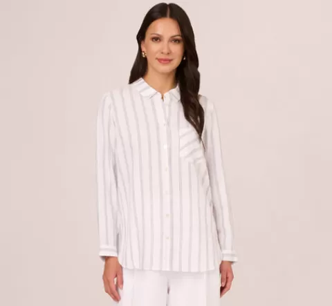 Adrianna Papell Striped Button Up Linen Shirt With Long Sleeves In White Grey Triple Stripe WHITE-GREYTRIPLESTRIPE New