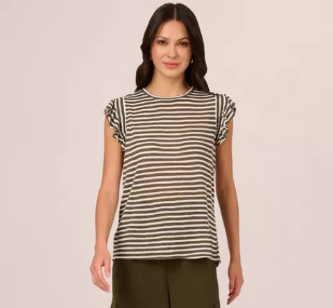Adrianna Papell Striped Tee With Ruffle Sleeves In Dk Green White DKGREEN-WHITE Hot