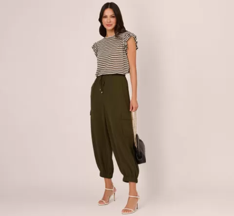 Adrianna Papell Striped Tee With Ruffle Sleeves In Dk Green White DKGREEN-WHITE Hot