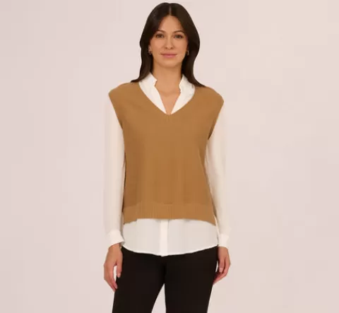 Adrianna Papell Sweater Vest Collared Twofer Shirt In Camel Ivory CAMEL-IVORY Flash Sale