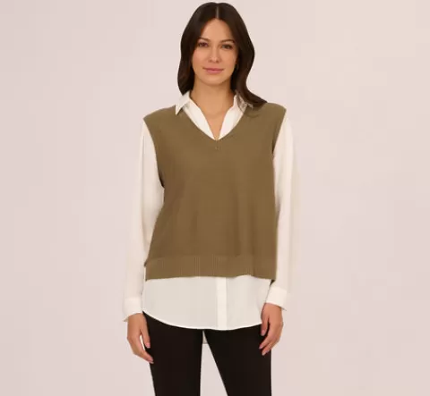 Adrianna Papell Sweater Vest Collared Twofer Shirt In Smokey Olive Ivory SMOKEYOLIVE-IVORY Clearance
