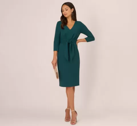 Adrianna Papell Three Quarter Sleeve Pleated Midi Dress With Tie Waist In HUNTER Fashion